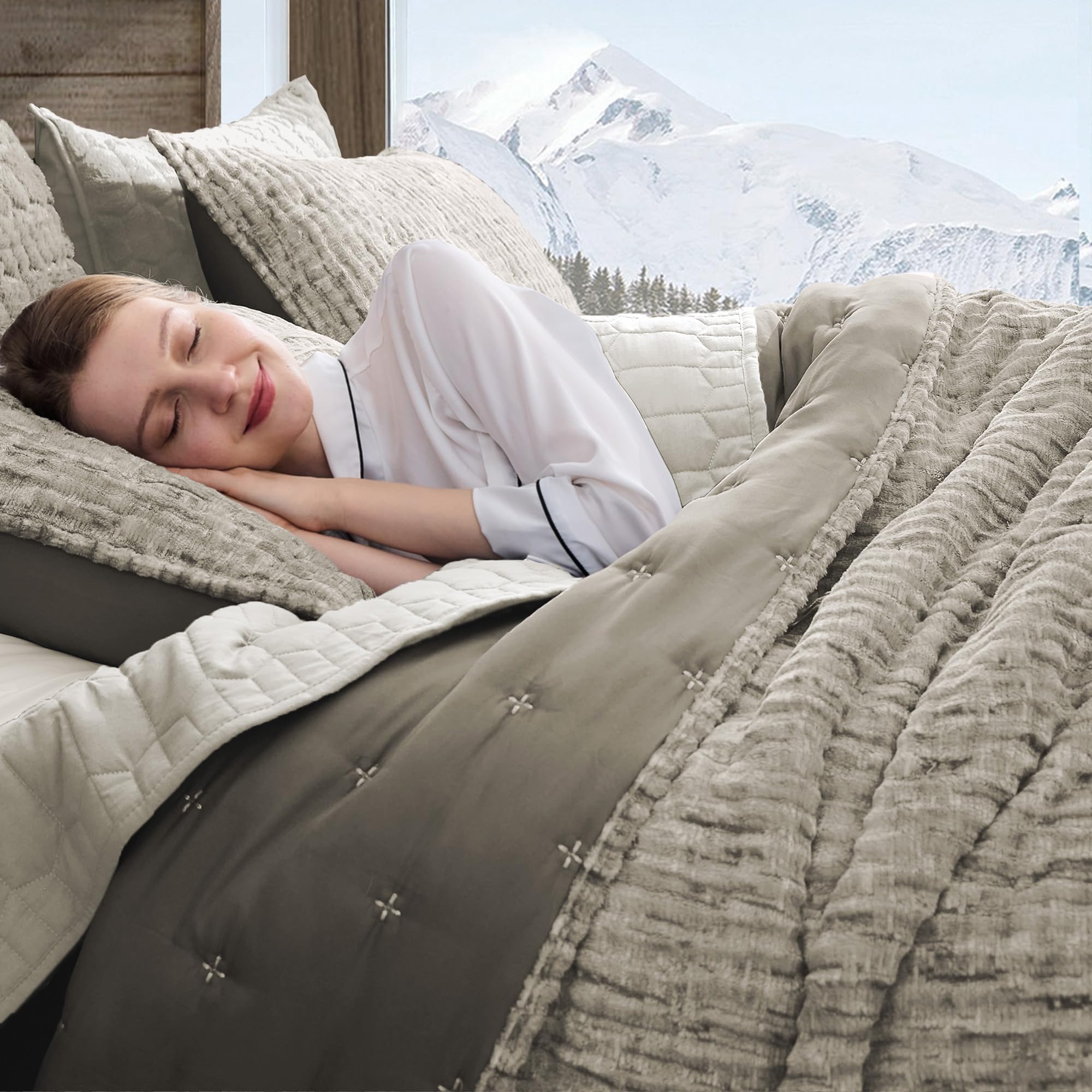 Condition photo showing New/Like New for wonderful velvet quilt queen size set, luxurious fuzzy faux fur comforter lightweight, cloudy touch soft coverlet, back embroidery fluffy bedding machine washable (grey, queen) heather grey full/queen