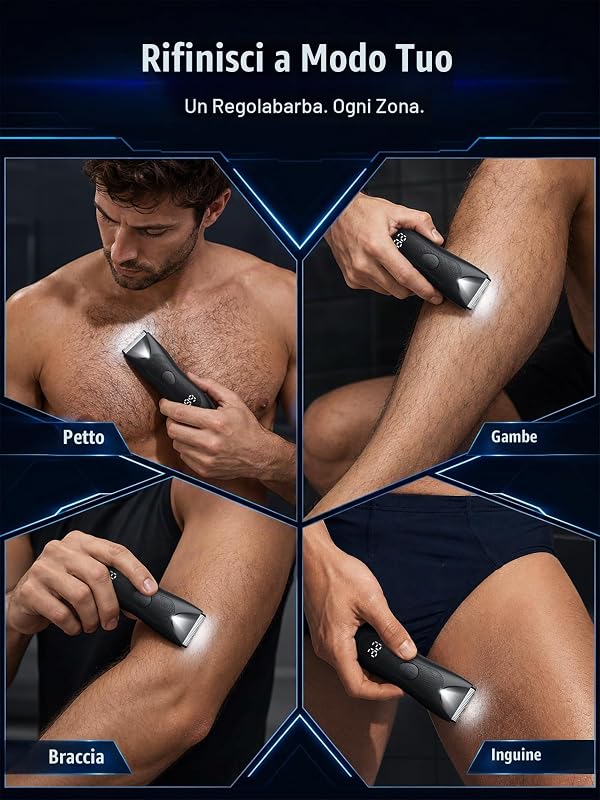 Rasoio Elettrico Corpo Uomo Impermeabile: Rasoio Parti Intime Uomo Ceramica Testine, Luce LED Rifinitura di precisione per Torace, Gambe, Ascelle, Display Digitale della Batteria e Blocco da Viaggio — foto 3 di 8