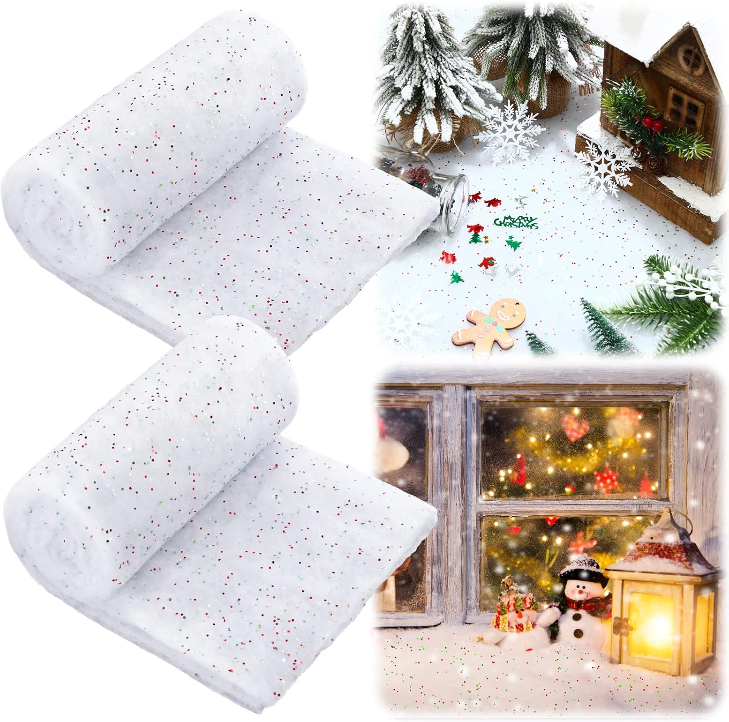 Artificial Snow - 2 Rolls Christmas Snow Blanket Winter Fake Snow Glitter Artificial Snow 19.7 x 39.4 Inch Faux Snow Blanket Roll for Home and Party Village Indoor Decoration Scene Supplies White Silver Glitter
