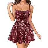 Segreto Women's Glitter Sequin Backless Dress Bodycon Adjustable Spaghetti Strap Back Tie Dresses Sparkly Party Clubwear