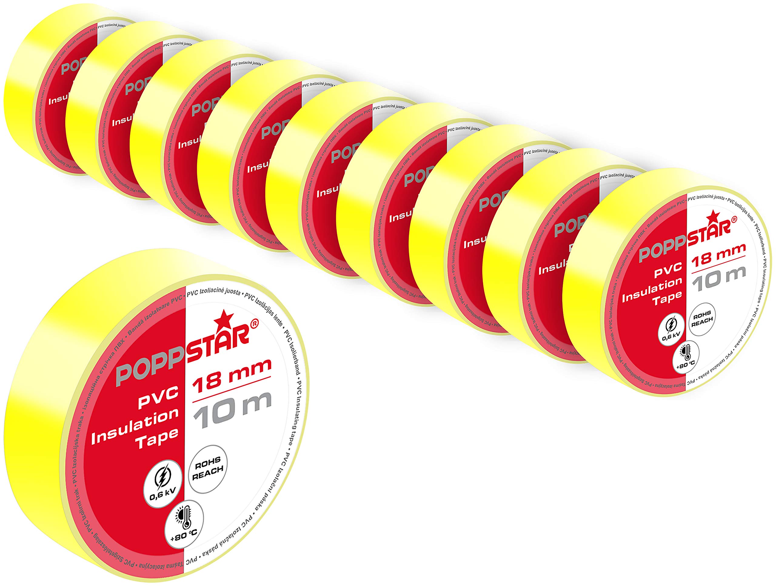 POPPSTAR PVC insulating tape 10m (18mm wide, 0.18mm thick), yellow, 10 rolls