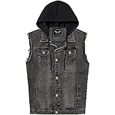 RongYue Men's Denim Vest Casual Button Stretchy Distressed Jean Sleeveless Jacket with Hood