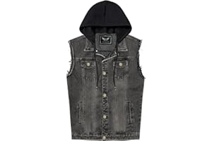 RongYue Men's Denim Vest Casual Button Stretchy Distressed Jean Sleeveless Jacket with Hood