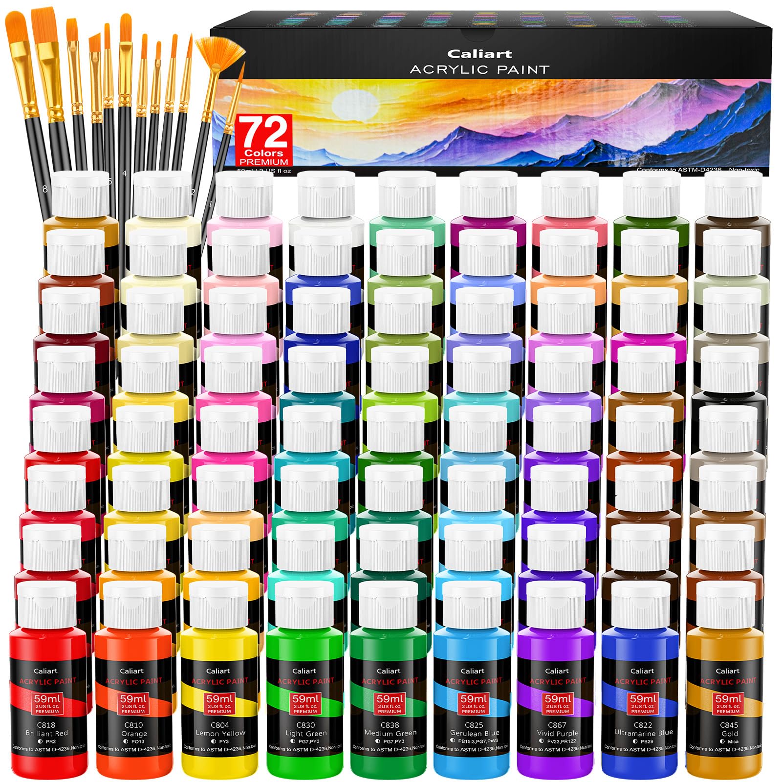 Caliart Acrylic Paint Set with 12 Brushes, 72 Colors (59ml, 2oz) Art Craft Paints Gifts for Artists Adults Beginners Painters, Pumpkin Canvas Ceramic Wood Rock Painting Kit Art Supplies Image