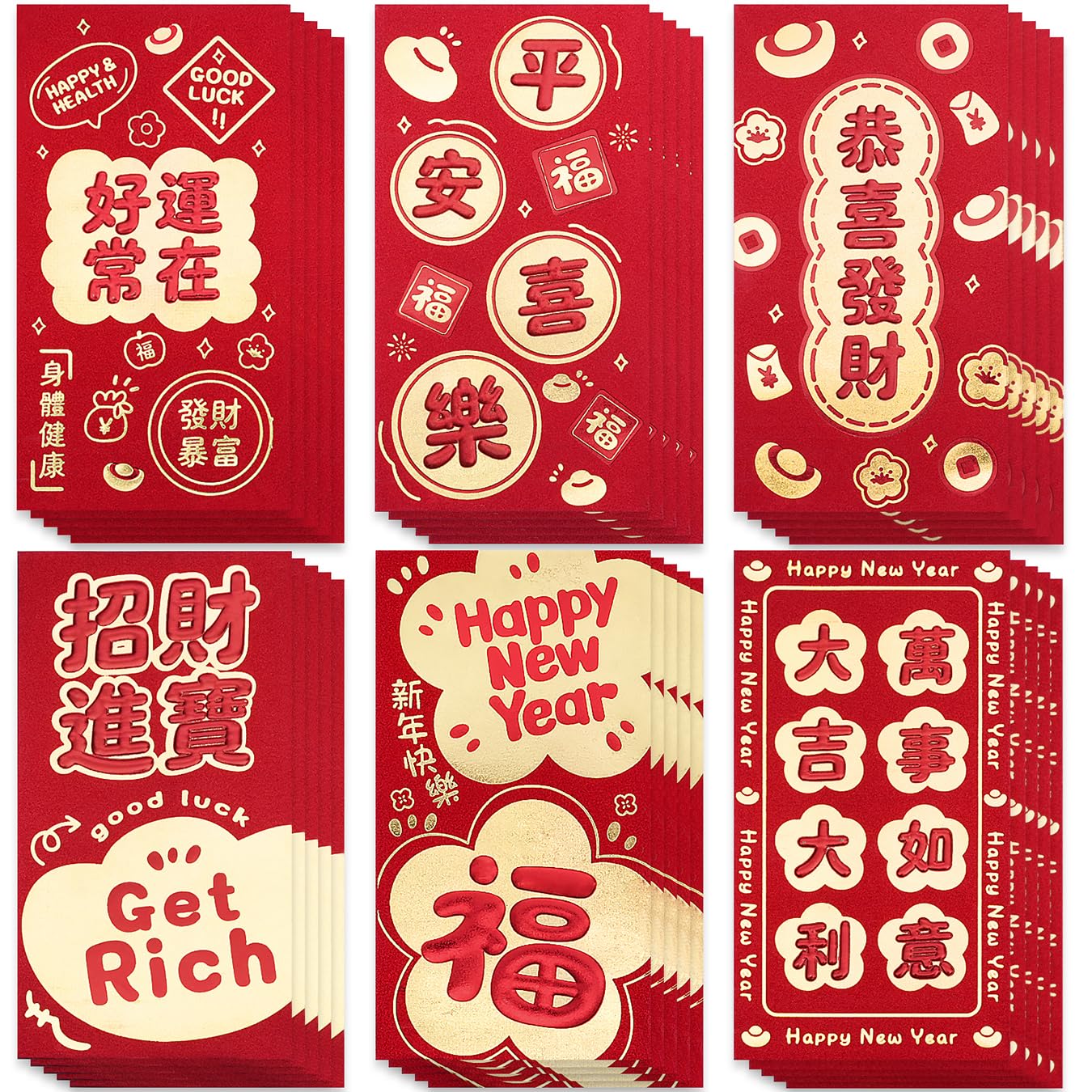 Red Envelopes Chinese New Year, 30 Pack 6 Styles Gold Foil Stereo Chinese Characters Craft Lucky Red Money Envelopes - 6.6 x 3.5inches, Hong Bao Chinese Red Pocket for Lunar New Year, Spring Festival