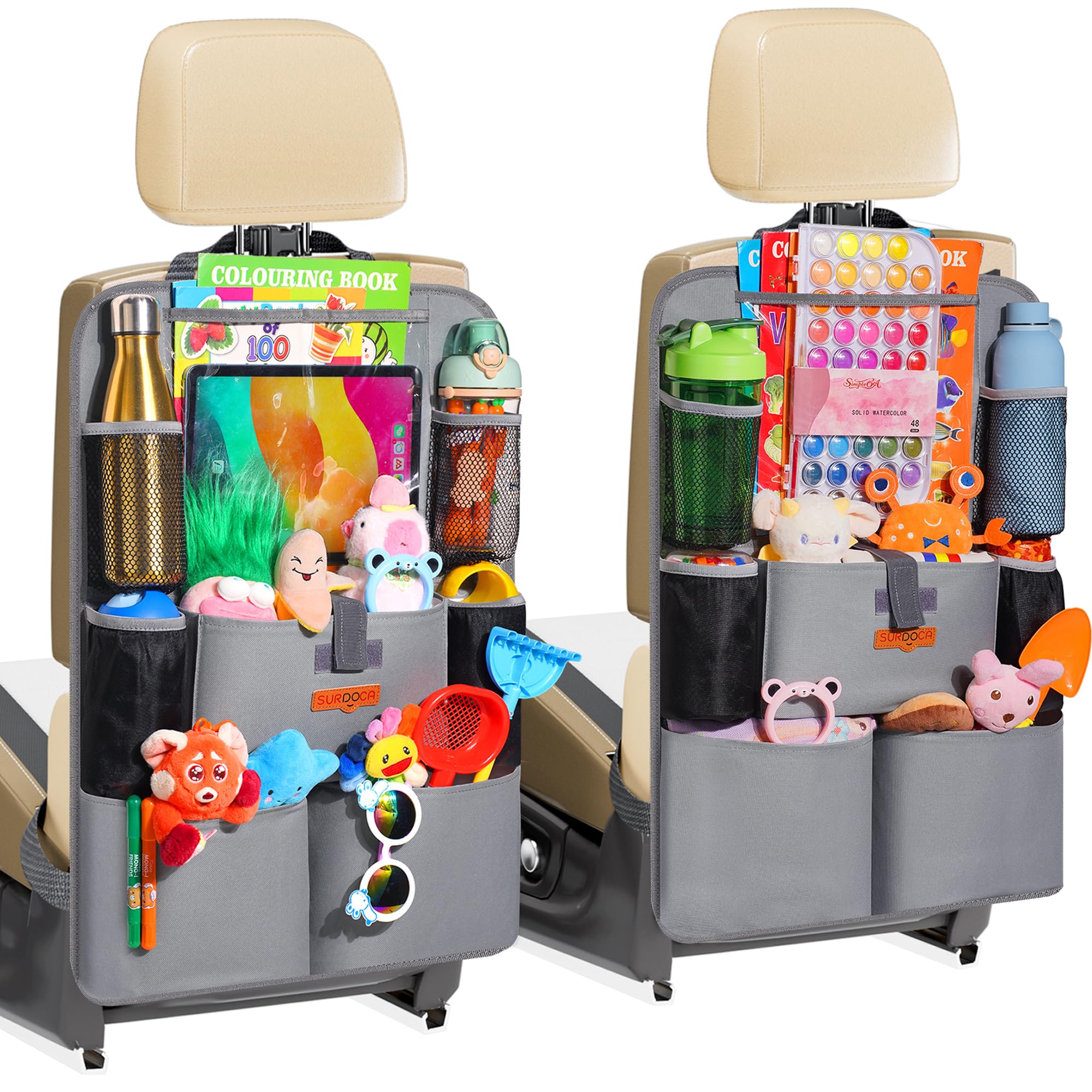 SURDOCA UPGRADED Car Seat Organiser for up to 11-inch Tablet Holder, 8 Pockets, Kids Toy Storage, Water Proof Back Seat Protector for Kids