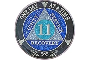 SIMPLY MINIMAL (Years 1-50) 11 Year AA Recovery Silver Color Plated Glitter Medallion, Black Rainbow, Blue, Silver Glitter Coin, Epoxy Covered (AA 11 Year Glitter Medallion)