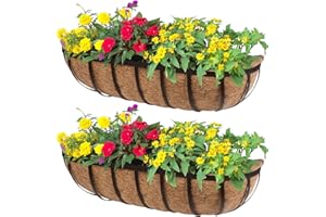 DUNCHATY Railing Planter Window Box - 2 Pack 24" Horse Trough Planter with Coco Fiber Liner - Deck Balcony Rail Planter for Porch Fence Patio Outdoor