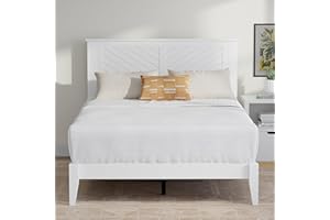 COMFIQ Serene Farmhouse Style Wood Bed Frame in Full Size with Chevron Scoring Headboard, Coastal Modern Design, Sturdy, Easy Assembly, Ample Underbed Storage, White Finish