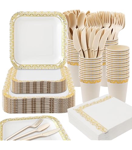 80 Pièces Vaisselle Jetable Blanc Et Or Pour 20 Invités - Assiettes, Gobelets, Serviettes Et Pailles