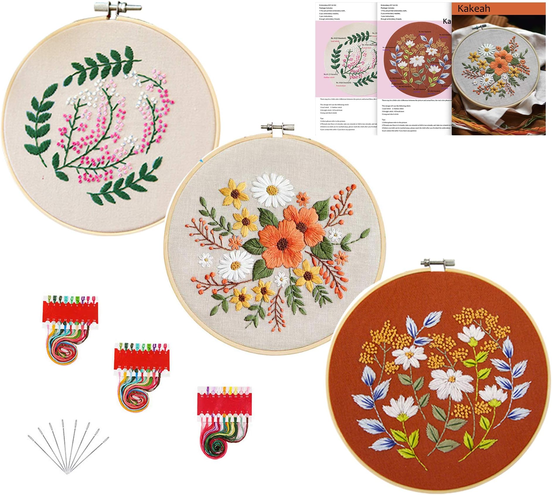 Kakeah 3 Pack Full Range of Stamped Embroidery Starter Kit with Pattern and Instructions, Including Embroidery Cloth with Pattern,3 Bamboo Embroidery Kits