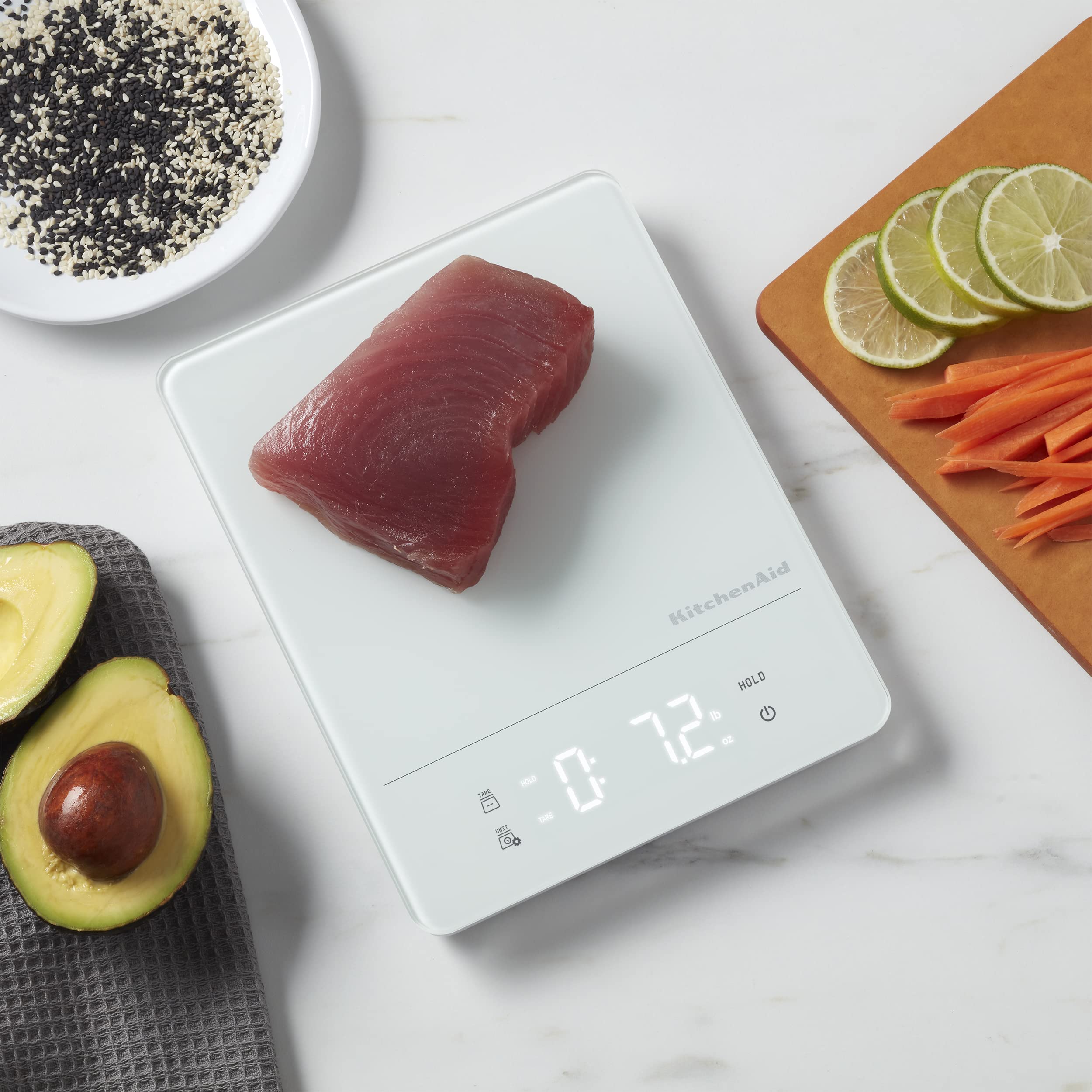 KitchenAid KQ913 Digital Waterproof (IPx7) Kitchen and Food Scale, LED readout, 11 Pound Max Capacity, White