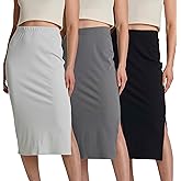 Real Essentials 3 Pack: Women's Midi Ribbed Knit Skirt with Side Slit - Stretchy Work Business Casual Pencil Pull-On Skirts