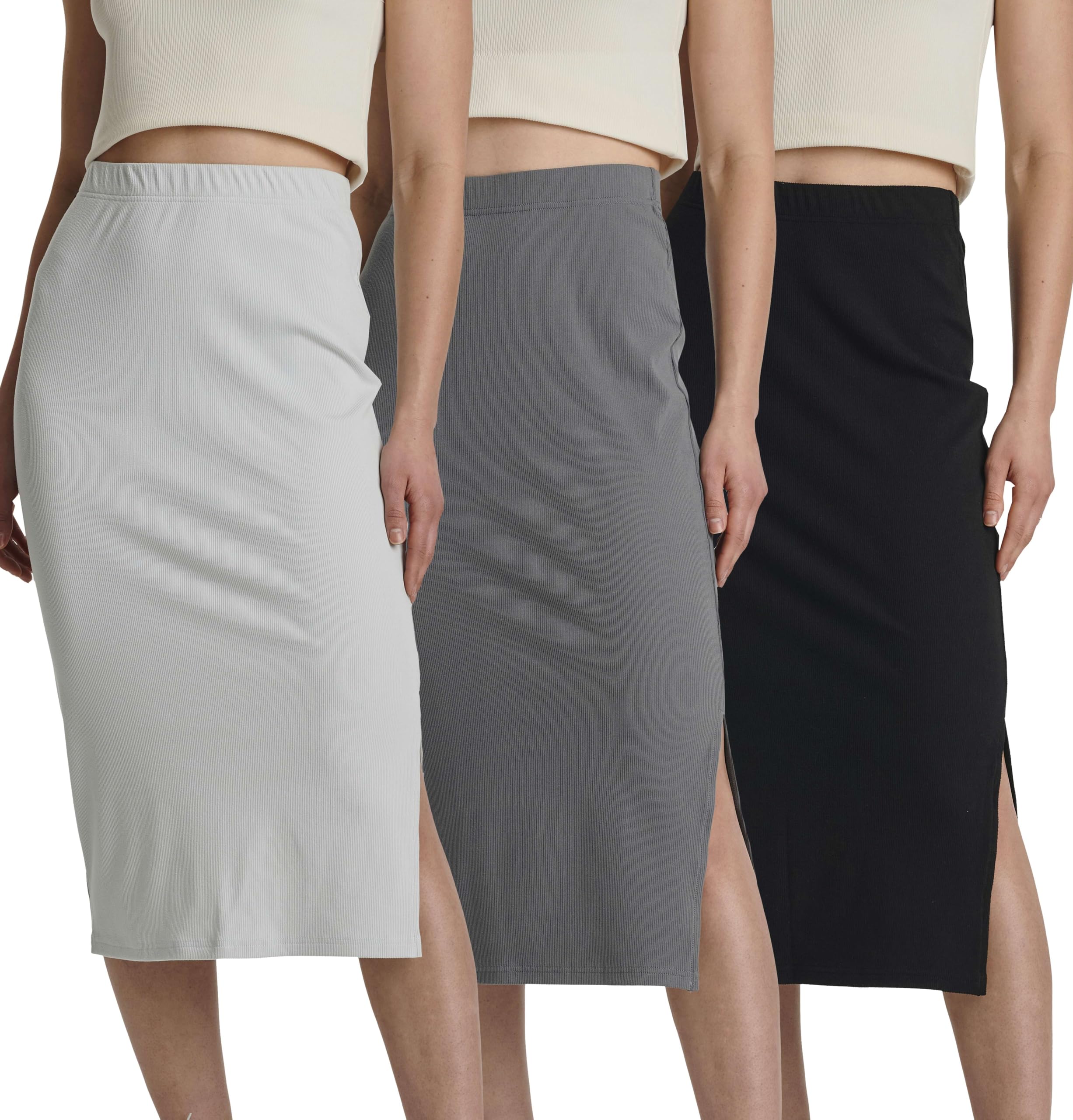 Photo 1 of 3 Pack Womens Skirts Midi Knee Length Summer A Line Knit Mid Ladies Elastic Waist Knitted Ribbed Office Work Business Pencil Skirt