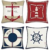 Bonhause Nautical Throw Pillow Covers 18 x 18 Inch Anchor Lighthouse Red Navy Blue Decorative Pillow Cases Outdoor Cushion Covers for Couch Sofa Bed Home Decor Set of 4