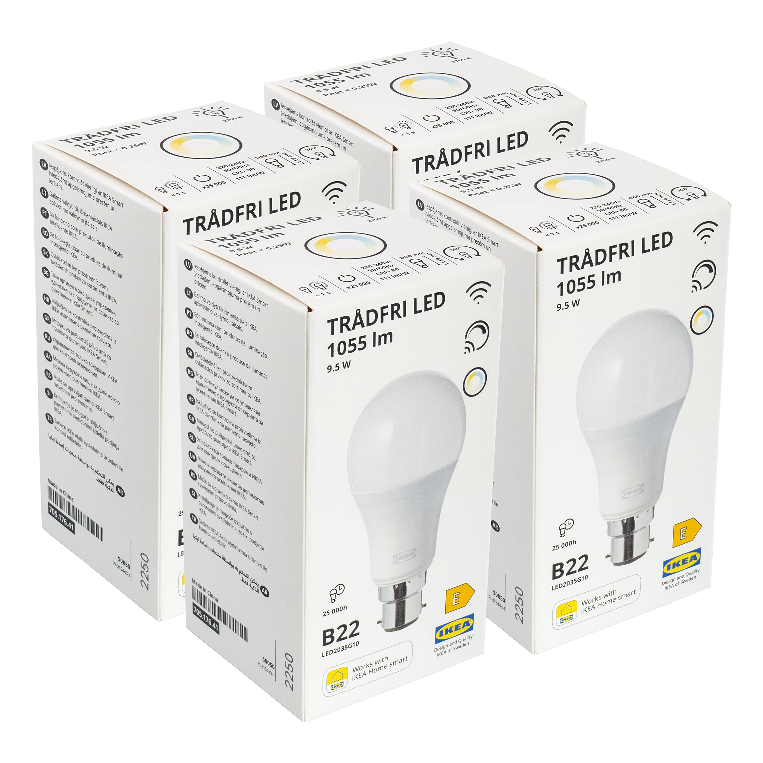 IKEA TRADFRI B22 Bayonet LED Zigbee Smart Bulbs, 1055lm, 9.5W, Switchable Warm/Cool White, LED2035G10, 705.176.41 - Set of 4