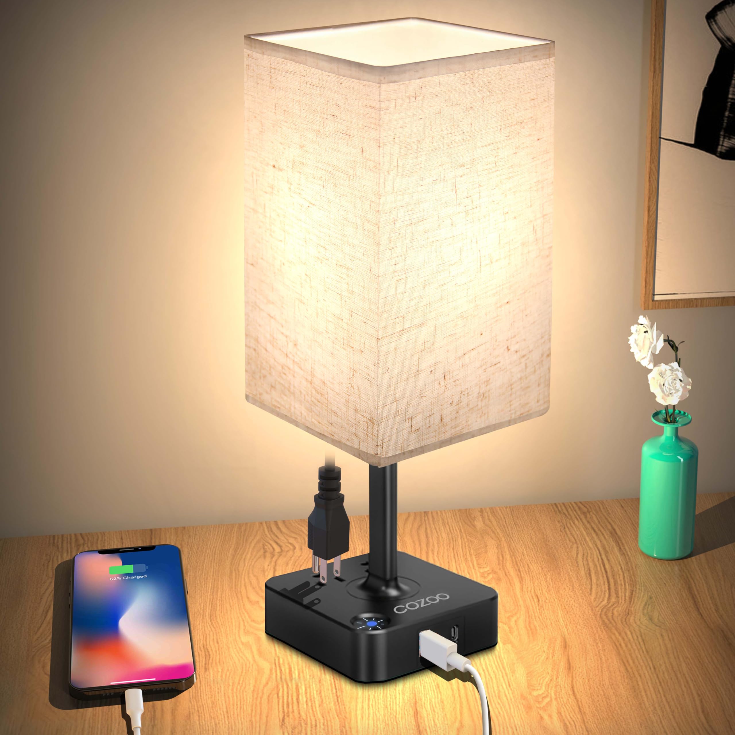 Photo 1 of COZOO USB Bedside Dimmable Table Desk Lamp with 2 USB Charging Ports 2 Outlets Power Strip,Black Charger Base Flaxen Fabric Shade, LED Light for Bedroom/Nightstand/Living Room/Dorm/Home Office/College