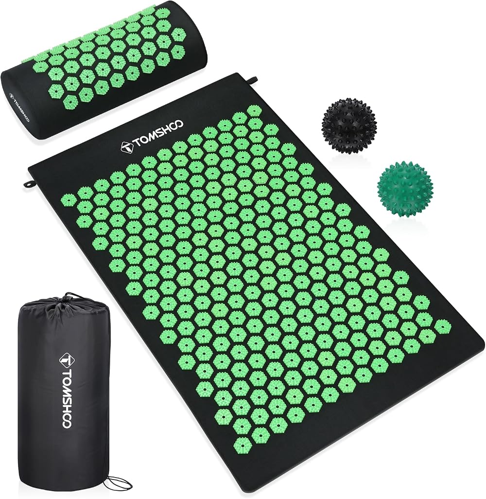 TOMSHOO Acupressure Mat and Pillow 2 Massage Balls Travel Bag Green