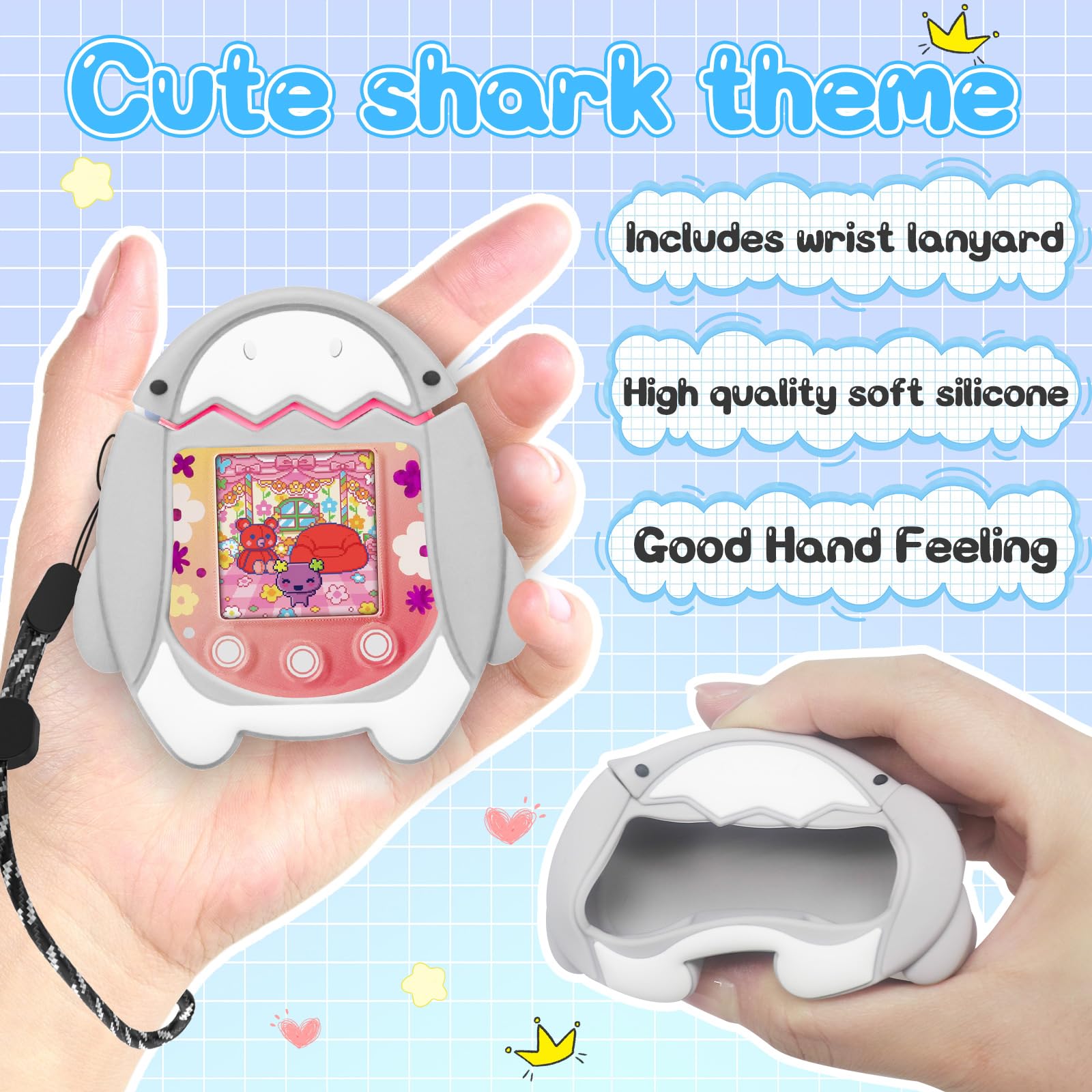 BEARDDO Silicone Case Compatible with Tamagotchi Pix Virtual Pet Game Machine, Cute Cartoon Grey Shark Virtual Pet Game Machine Protector Cover with Lanyard for Tamagotchi Pix Accessories (Grey)