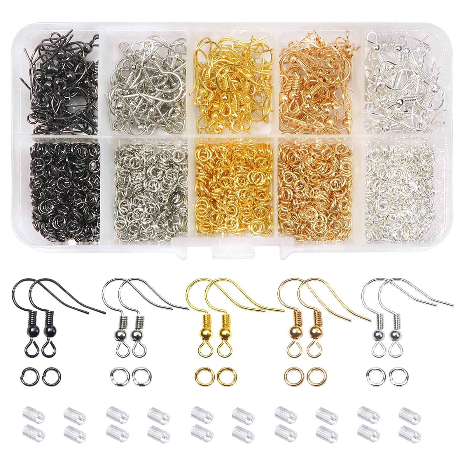 TOAOB 1350pcs Earring Making Kits for Jewellery Making Supplies Silver Gold White Gold K Gold Black Earrings Hooks and Jump Rings for Jewellery Findings and Repair Accessories