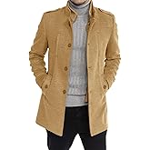 Karlywindow Mens Trench Coat Long Sleeve Stand Collar Single Breasted Pea Coat Casual Mid Long Slim Fit Overcoat with Pockets