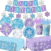 143pcs Birthday Party Decoration Snowflake Themed Tableware Winter Birthday Baby Shower Christmas Party Favors for Kids Including Plates,Napkins,Tablecloth,Banner,Cups