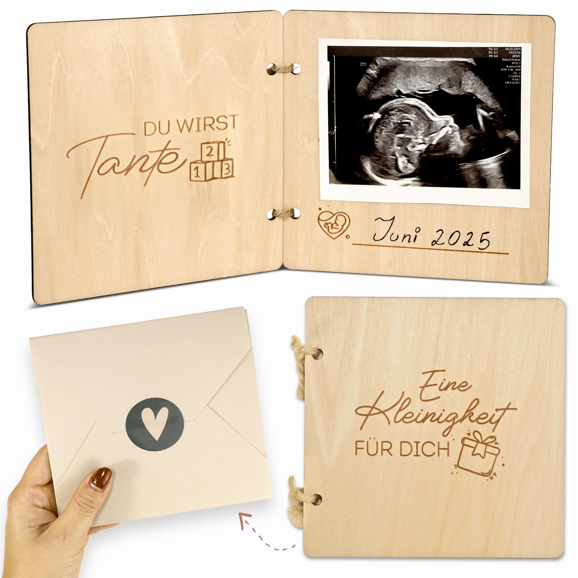 Pregnancy Announcement with Wooden Booklet | Du wirst Tante | Du wirst Oma | You Will Be Grandma and Grandpa | Stick Ultrasound Image | Baby Announcement Gift for Family