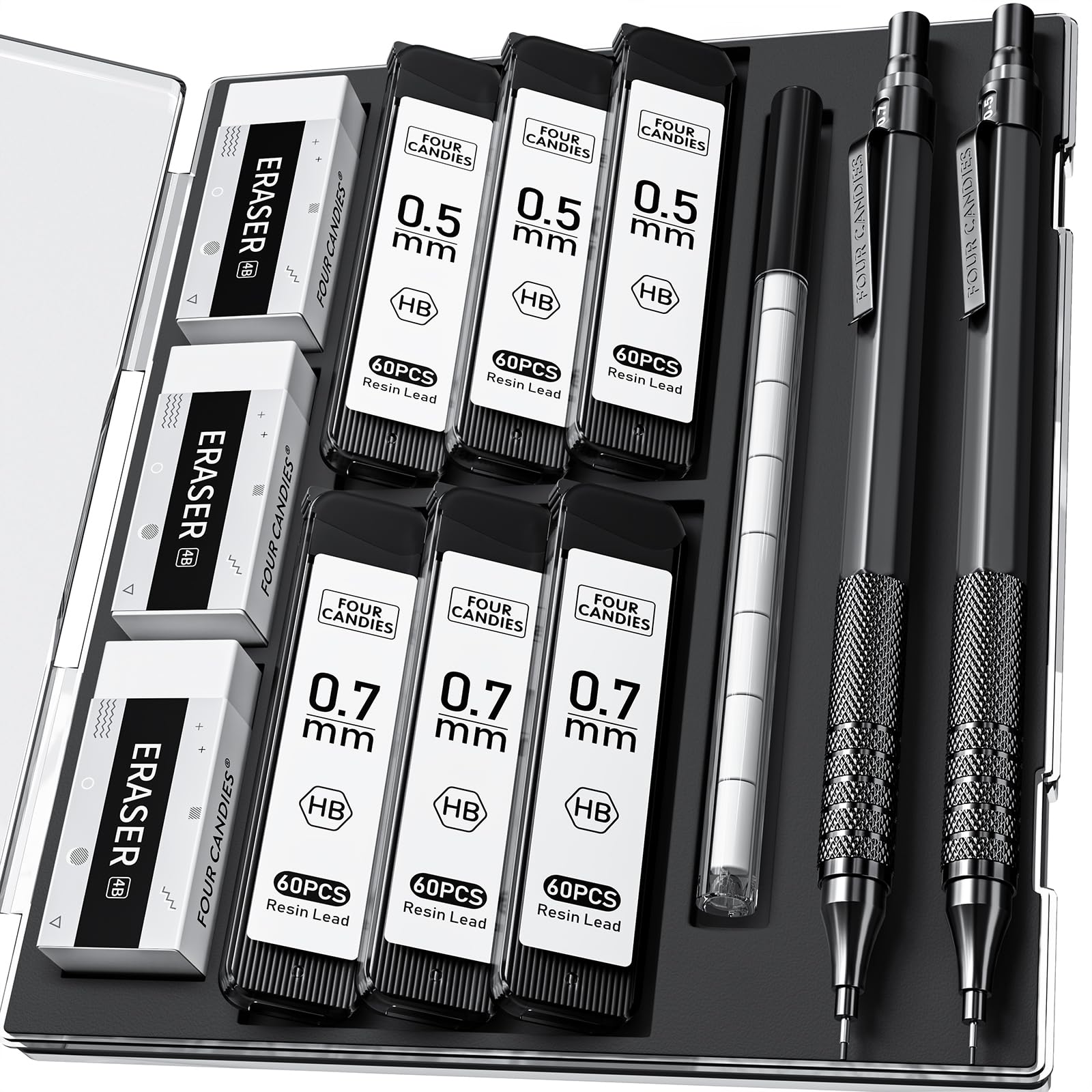 Four Candies Mechanical Pencil, Drafting Metal Pencils Set with 360PCS HB Lead, 3 Erasers, 9 Eraser Artist Pencil and Case for Drawing and Sketching, 0.5 and 0.7 mm, 2Pcs (Black)