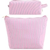 Giesiery 2 Pcs Cute Makeup Bag Set Pink Cosmetic Pouch for Women Teens Preppy Seersucker Travel Toiletry Organizer with Zipper Inner Pocket Handle, Aesthetic Quilted Make up Bag