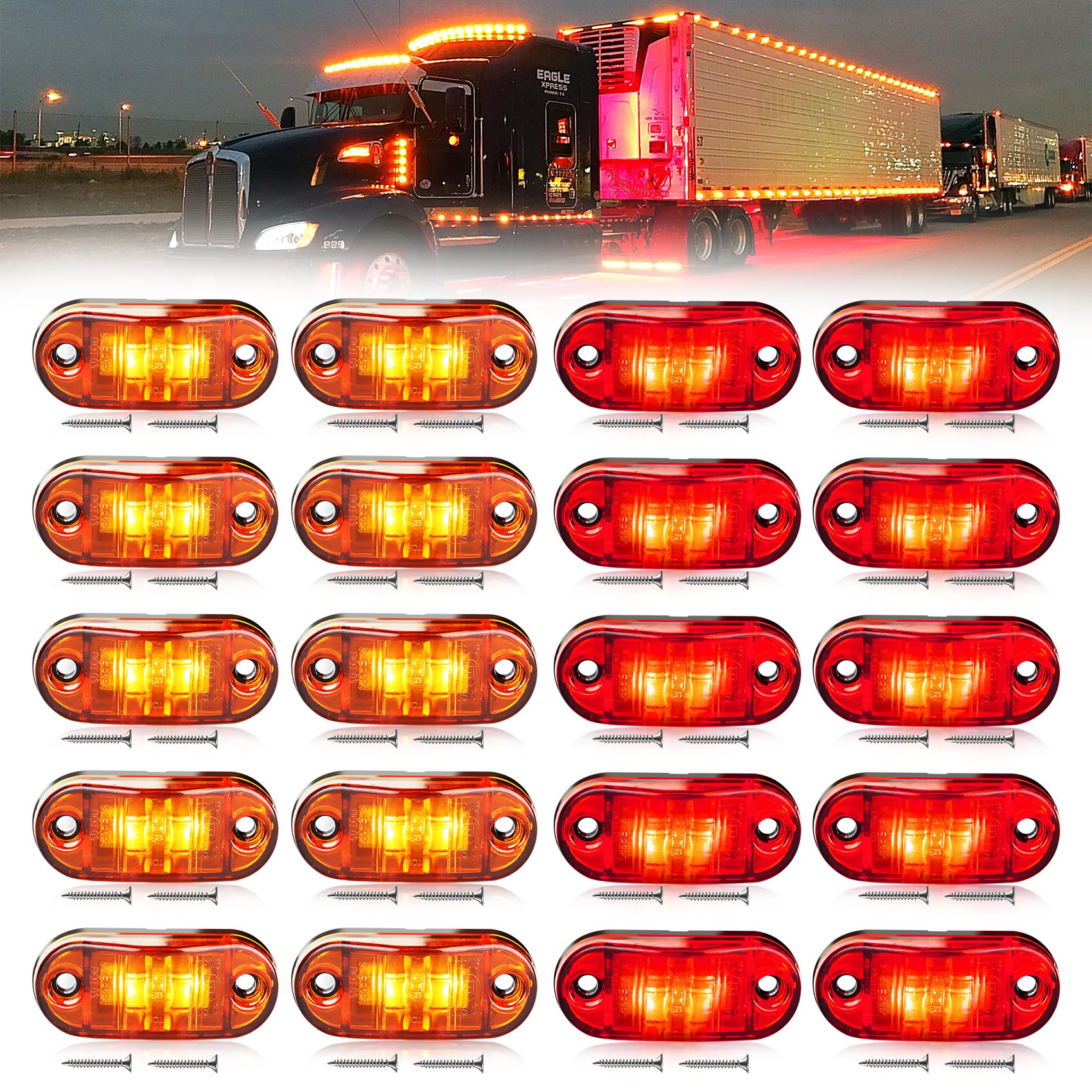 Photo 1 of 20 PCS 2.5 inch LED Trailer Lights Kit with Screws, Front Rear Side Marker Clearance Indicators Light Lamp, Amber + Red Dc12-24V Waterproof Universal Accessories for Rv Camper Truck Van Caravan Boat