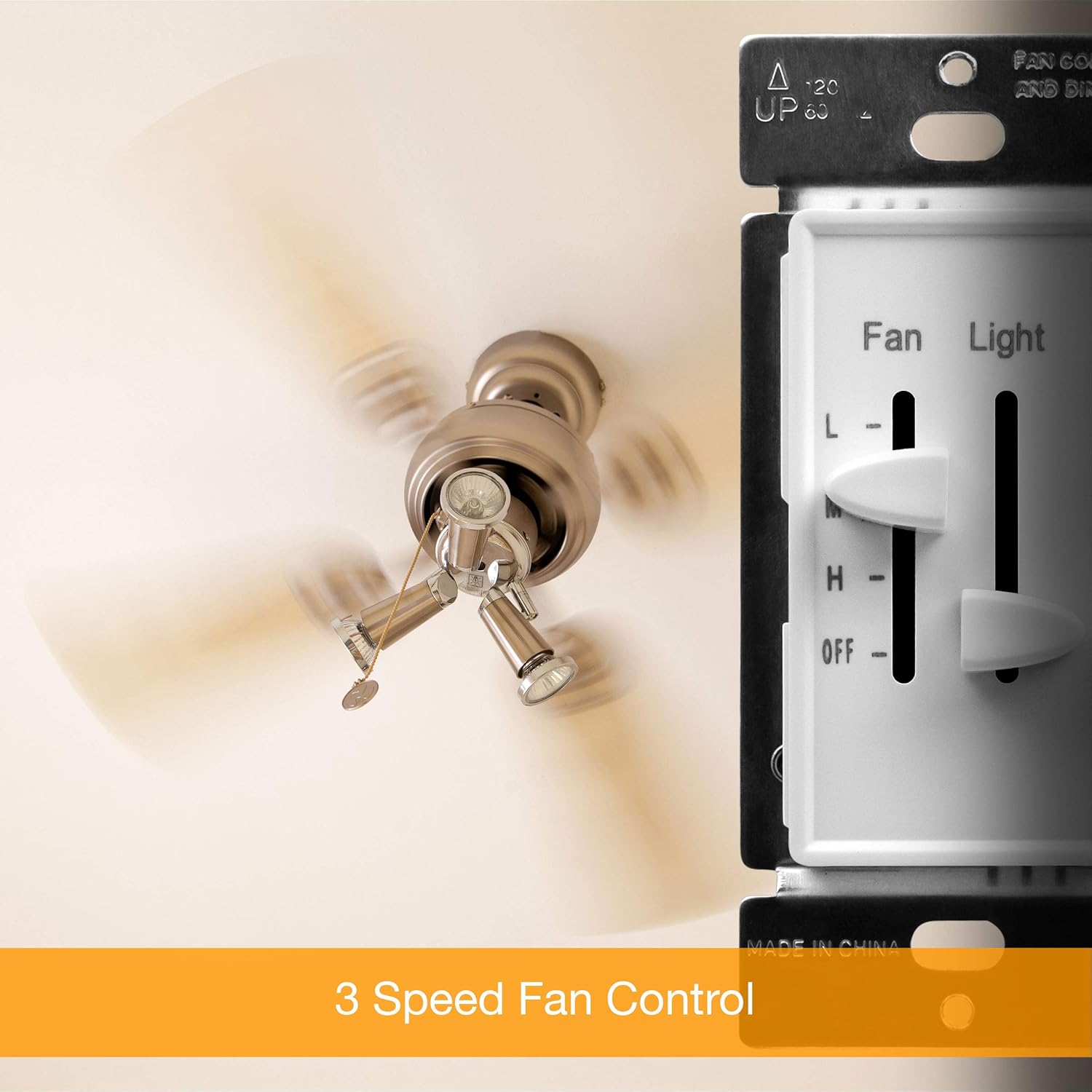 ENERLITES 3 Speed Ceiling Fan Control and LED Dimmer Light Switch, 2.5A Single Pole Light Fan Switch, 300W Incandescent Load, No Neutral Wire Required, 17001-F3-W, White - - 