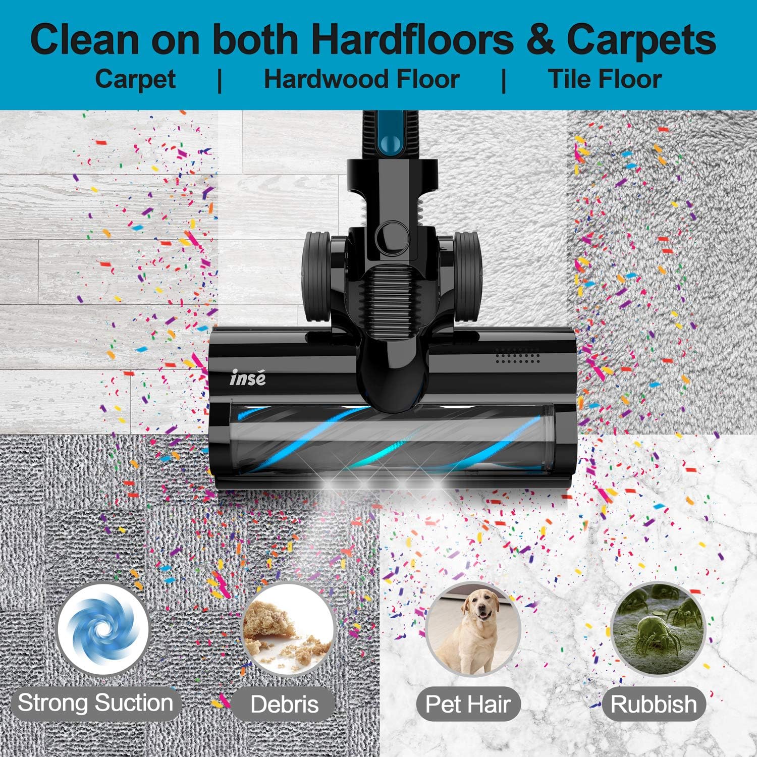 INSE Cordless Vacuum Cleaner 4 in 1 Powerful Suction Stick Vacuum Lightweight Quiet Rechargeable 1.2 L Large Dust Cup Handheld Vacumm for Home Car Pet Hair Carpet Hard Floor - N5 -