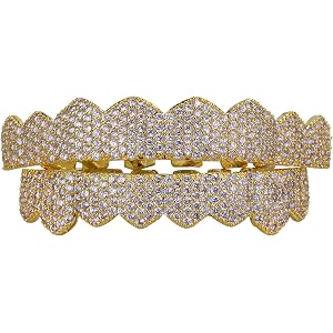 Solid Gold over S925 Sterling Silver Micro-Pave Moissanite Teeth Grillz, Polished Finish with Even Stone Placement, Daily Wea