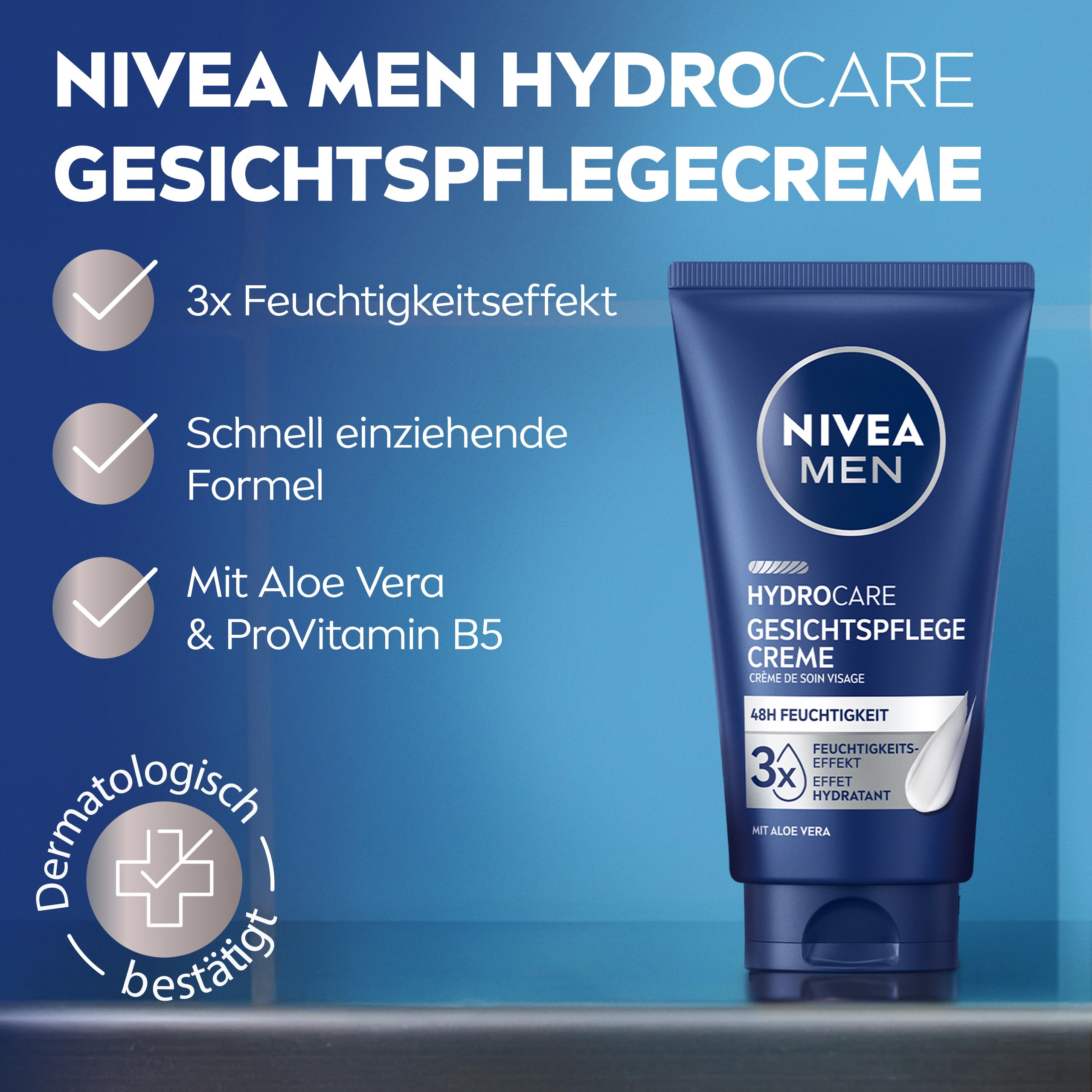 NIVEA MEN Hydrocare Gesichtspflege Creme, 48h Feuchtigkeitscreme für trockene Männerhaut, feuchtigkeitsspendende Gesichtscreme mit Aloe Vera und Provitamin B5 (75 ml) 2