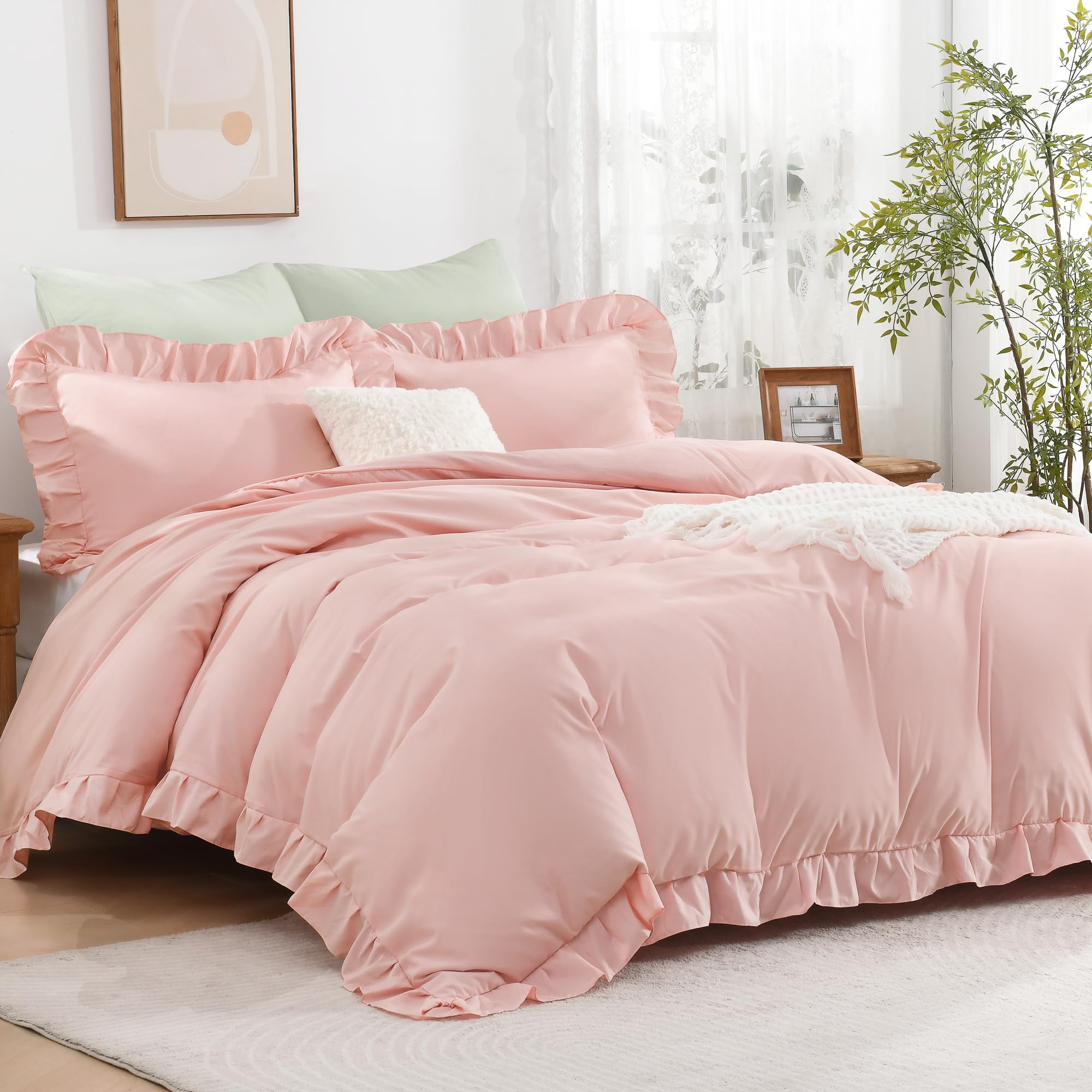 Photo 1 of Andency Blush Ruffle Duvet Cover Twin(66x90Inch), 3 Pieces Pink Soft Washed Microfiber Vintage Shabby Chic Farmhouse Ruffled Duvet Cover Set with Zipper Closure & Corner Ties