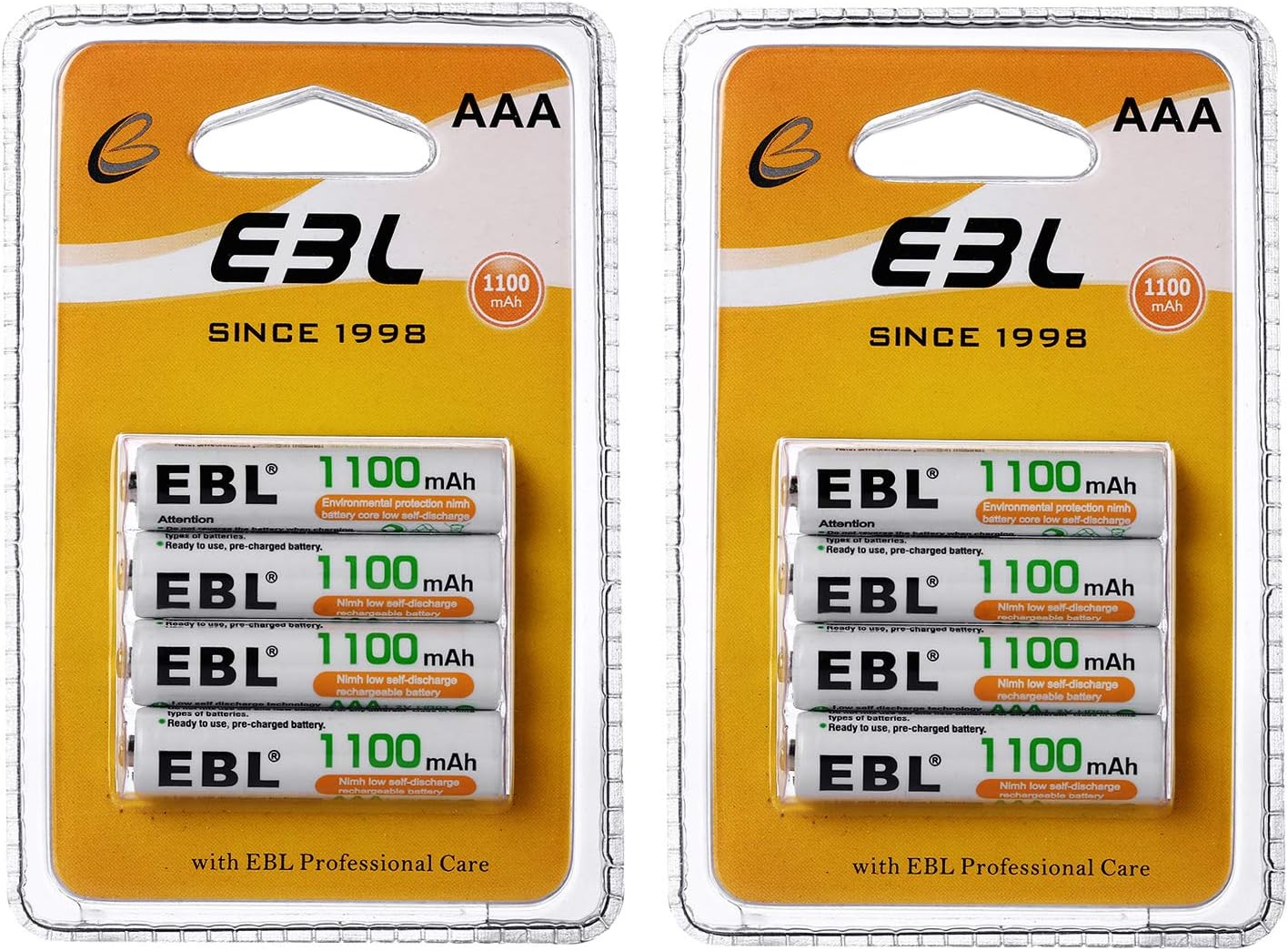 EBL AAA Rechargeable Batteries 1100mAh Ready2Charge Triple A NiMH Battery, Retail Pacakge - 8 Packs, Cardboard - 8 AAA Batteries