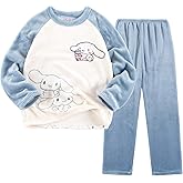 Satdflie Cartoon Fleece Pajamas Set Petite Women Lounge Set Comfy Sleepwear Long Sleeve Top and Pants 2 Piece PJ Sets