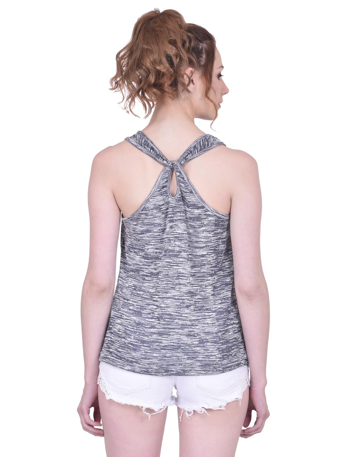 martini grey melange textured sleeveless hip length back keyhole top