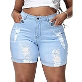 Gocolloa Womens Plus Size Jean Shorts Stretchy High Waisted Distressed Fold Hem Denim Shorts