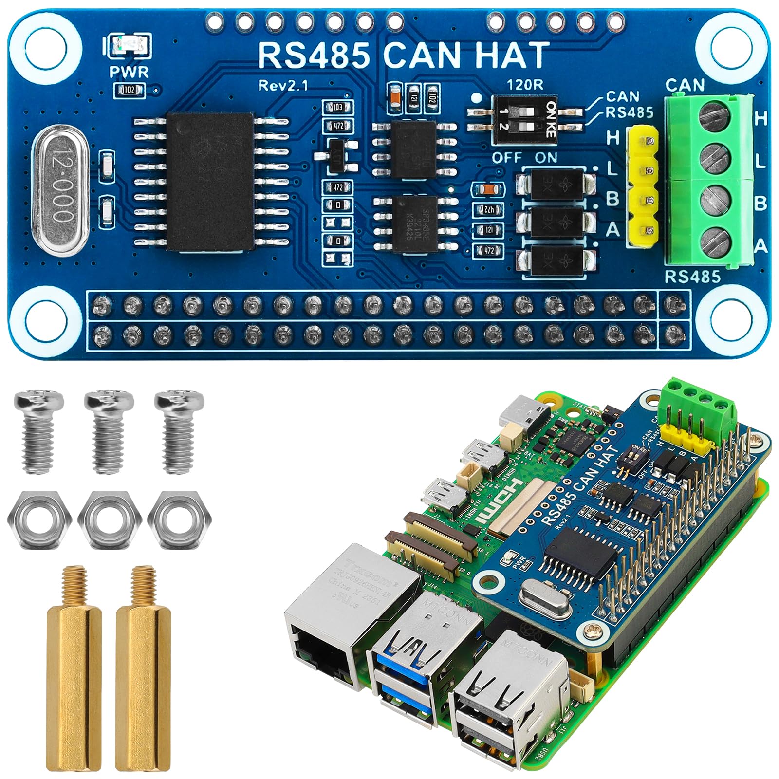 Photo 1 of RS485 CAN HAT for Raspberry Pi, Long-Distance Communication via RS485/CAN Function Onboard CAN Controller MCP2515 via SPI Interface Transceiver SIT65HVD230DR