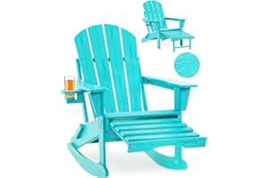 Serique Folding Adirondack Rocking Chair,4-in-1 Multifunctional Patio Chair with Retractable Ottoman, Outdoor Chair Wood Texture, Lawn Chair for Porch, Backyard, Pool(Lake Blue)