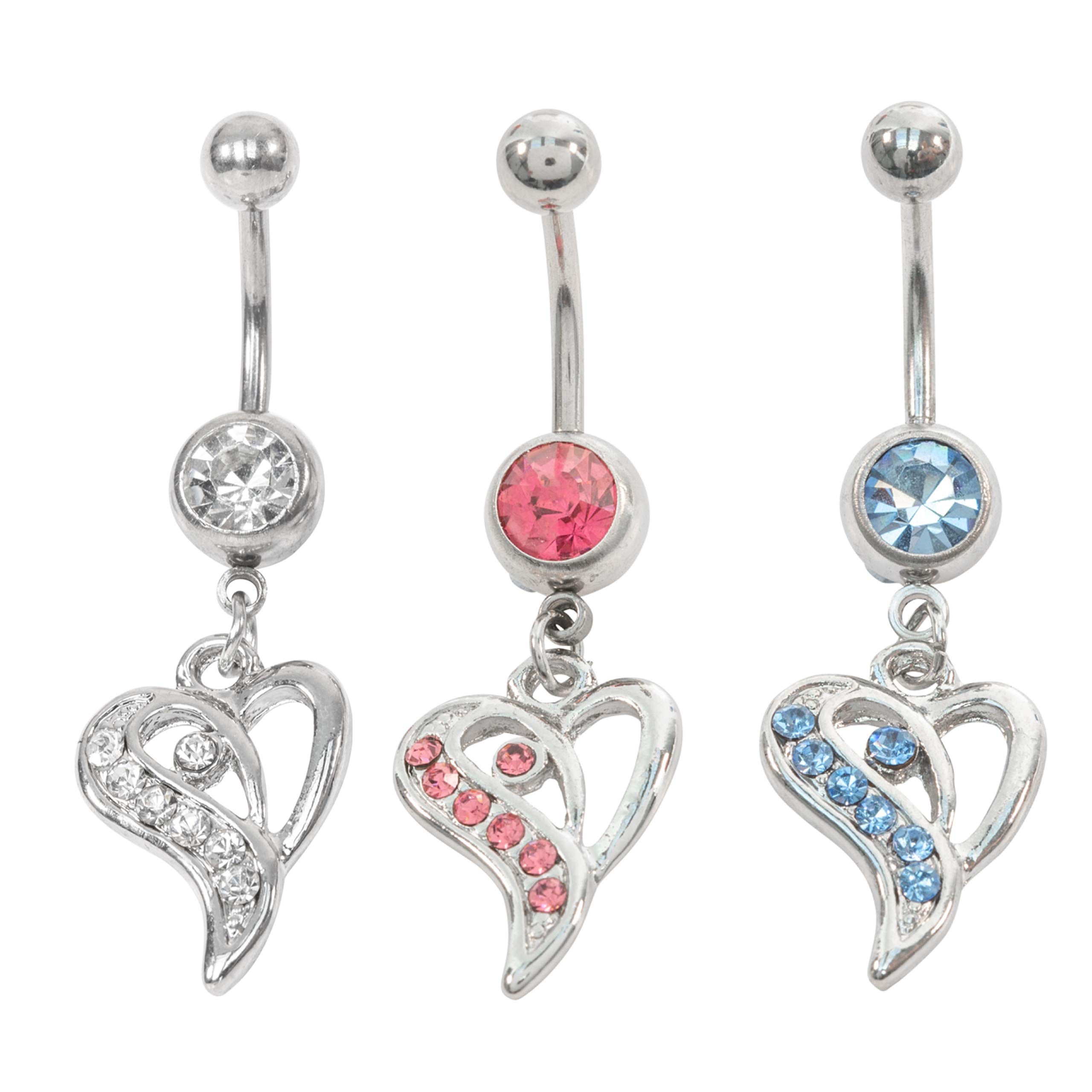Dangle Crystal Heart 316L Surgical Steel Belly/Naval Bar | 10mm Curved Bars (Set of 3 - Blue, Pink, Clear)