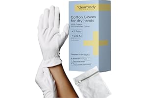 Clearbody Organics 100% Organic Cotton Gloves - 5 Pairs of White Gloves, M - Hand Moisturizer - Sleeping Mitts for Dry Hands - Washable Cotton Liners for Men & Women