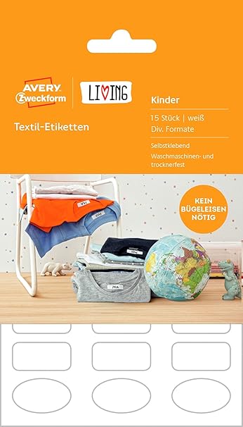 AVERY Zweckform 62033 Living Textil Etiketten (Namensetiketten, waschmaschinen- trocknerfest, diverse Formate) 15 Stück weiß