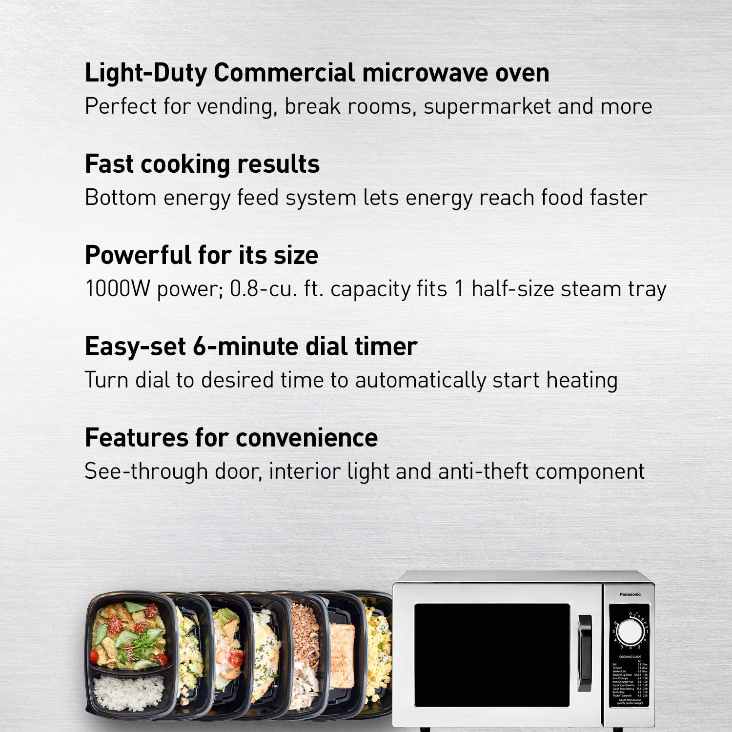 Panasonic NE-1025F Compact Light-Duty Countertop Commercial Microwave Oven with 6-Minute Electronic Dial Control Timer, Bottom Energy Feed, 1000W, 0.8 Cu. Ft. Capacity Silver