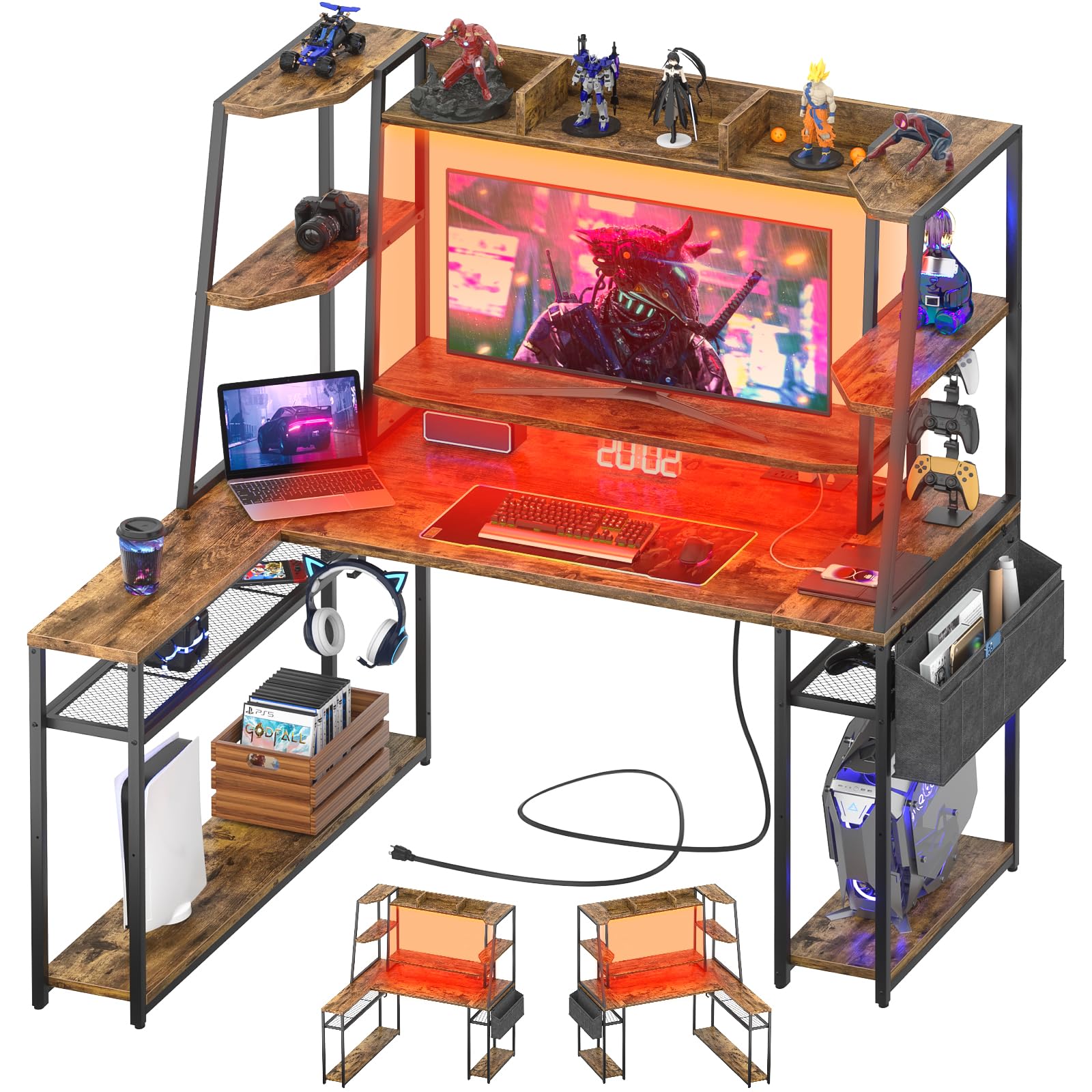 Photo 1 of L Shaped Gaming Desk with Hutch, 47'' Gaming Computer Desk with LED Lights & Power Strips, Reversible L-shaped PC Gaming Desk with Storage Shelves, L Desk for Gaming with Monitor Stand, Rustic Brown