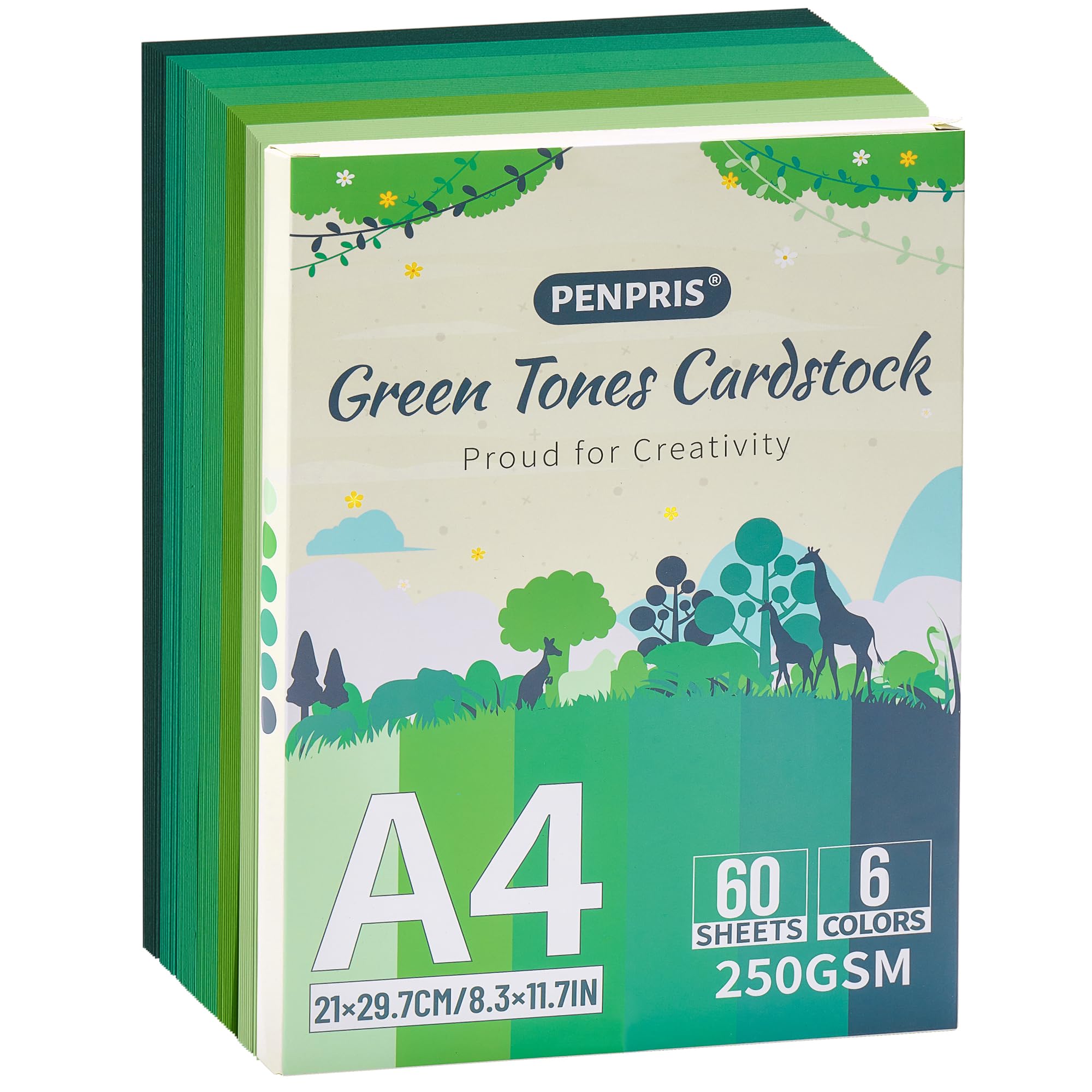 Green Tones 6 Colors PAC06MX3 250gsm Thick Card for Printer, Card Making, Crafts, Scrapbooking (60 Sheets)