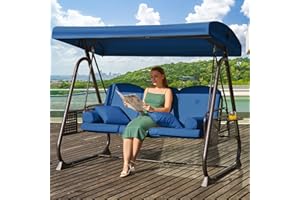 Yalissey 3 in 1 Outdoor Porch Swing with Adjustable Canopy, 3 Seat Outdoor Swing for Adults, Patio Swing Chair with Thickened Cushions,Pillows & Cup Holders for Backyard, Porch, Garden (Blue)