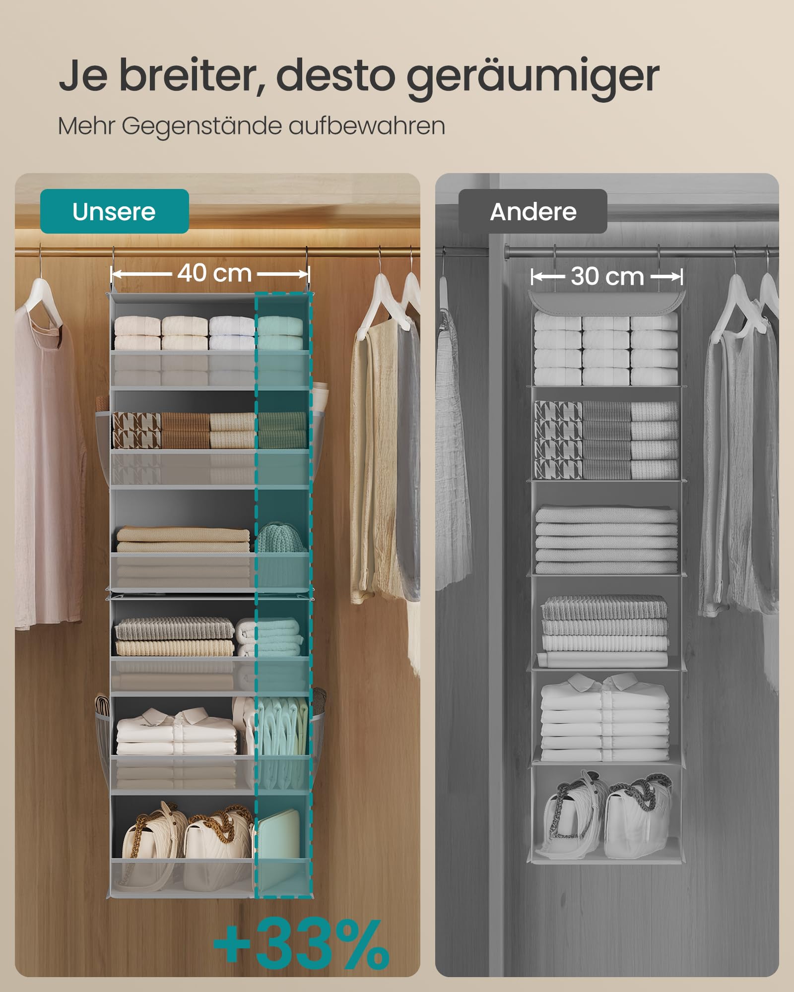 SONGMICS Hängeorganizer, Schrank-Organizer, Hängeregal aufteilbar, Hängeaufbewahrung, faltbar und platzsparend, Metallhaken und Bambus-Einsätze, Taubengrau RCH007G01 3
