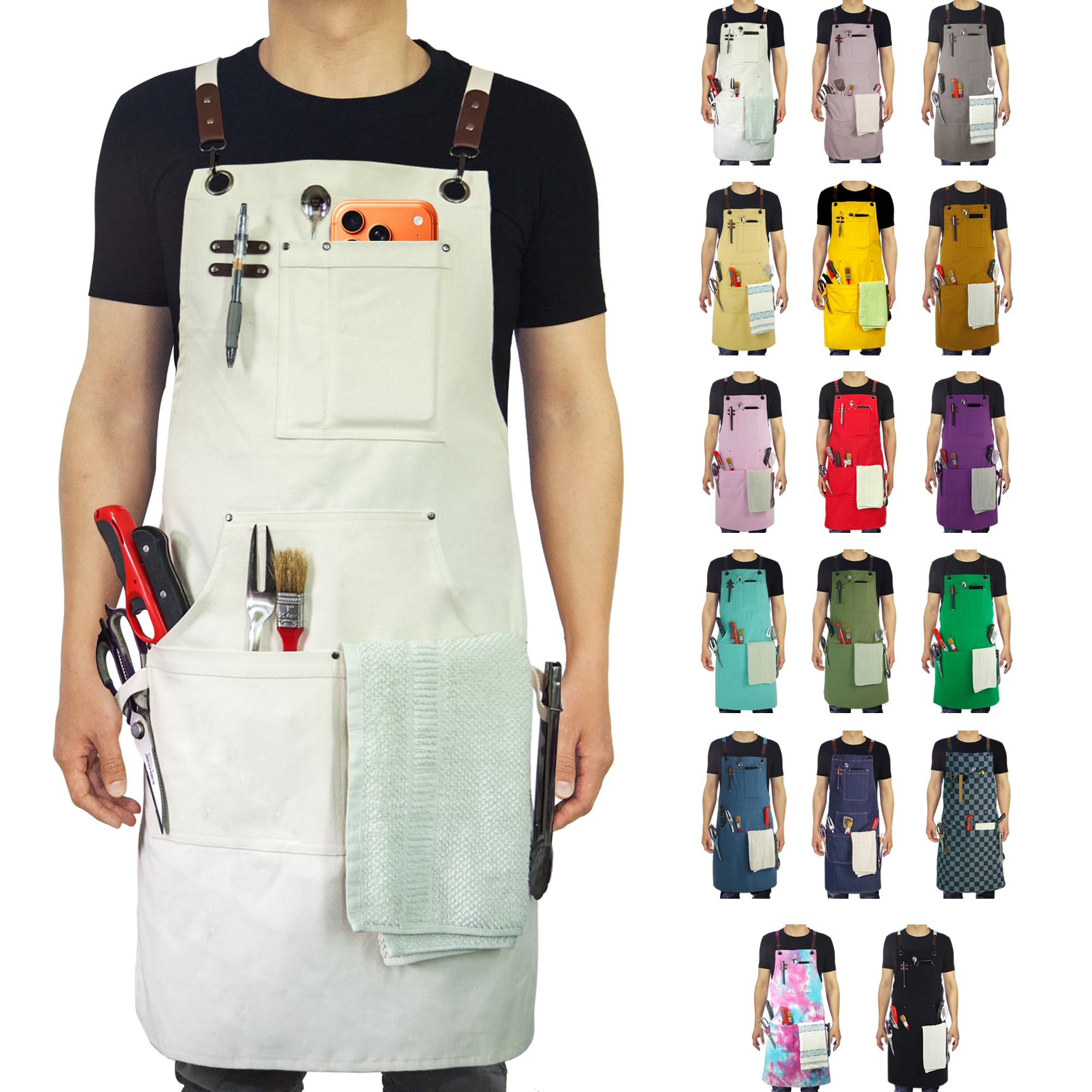 Stenffy Kitchen Apron, Work Apron, Canvas, Multiple Pockets, Gardening, Painting, BBQ, Carpenter, Sizes M to XXL, White